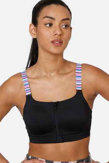 Buy Zelocity High Impact Quick Dry Front Opening Multicolor Strap Sports Bra - Jet Black