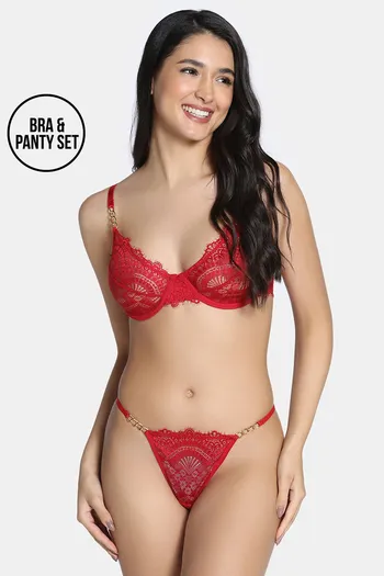 Buy Zivame Cosmic Romance Single Layered Wired Medium Coverage Lace Bra with Thongs - Red